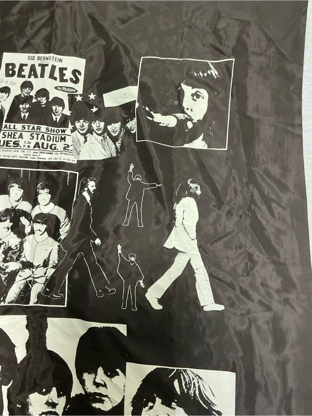 Vintage The Beatles Black Fabric wall Hanging Tapestry Banner Shea Stadium Graph